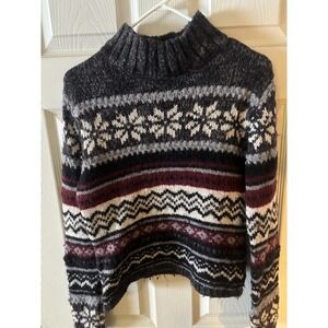 Vintage Sweater 90s Mock Turtleneck Chunky Stripe Snowflake Wool Isle Red Gray L
